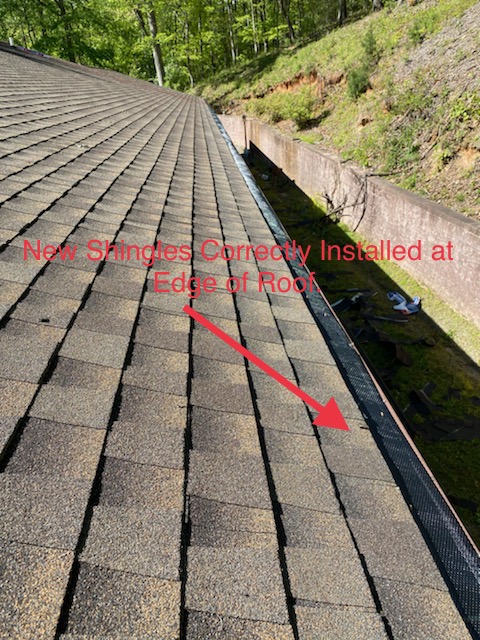 The proper installation of shingles at the edge of the roof.