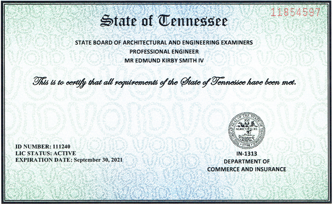 State of TN Professional Engineering License