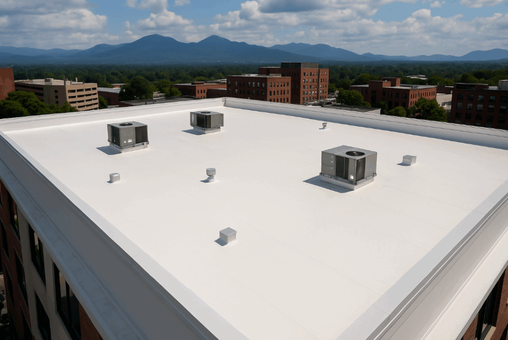 types of commercial roofing, commercial roofing Asheville, TPO roofing Asheville, EPDM commercial roofing, metal roofing Asheville NC, best commercial roofing types, flat roof options for businesses, green roofing Asheville, modified bitumen roof, built-up roofing Asheville, PVC roofing systems, energy-efficient commercial roofs, Asheville commercial roofers, commercial roof comparison, Litespeed Construction roofing