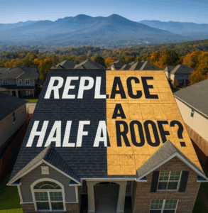 replace half of a roof, partial roof replacement, roof repair vs replacement, cost to replace part of a roof, roofing contractors Asheville, roofing codes NC, residential roof replacement, roof damage insurance claims, patching roof vs full replacement, roof integrity standards, North Carolina roofing laws, roofing underlayment requirements, roof inspection checklist NC, Litespeed Construction Asheville, best roofing company Asheville